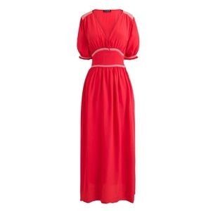 J Crew Smocked Trim Midi Dress in Crepe de Chine Vintage Red Size 6 NWT